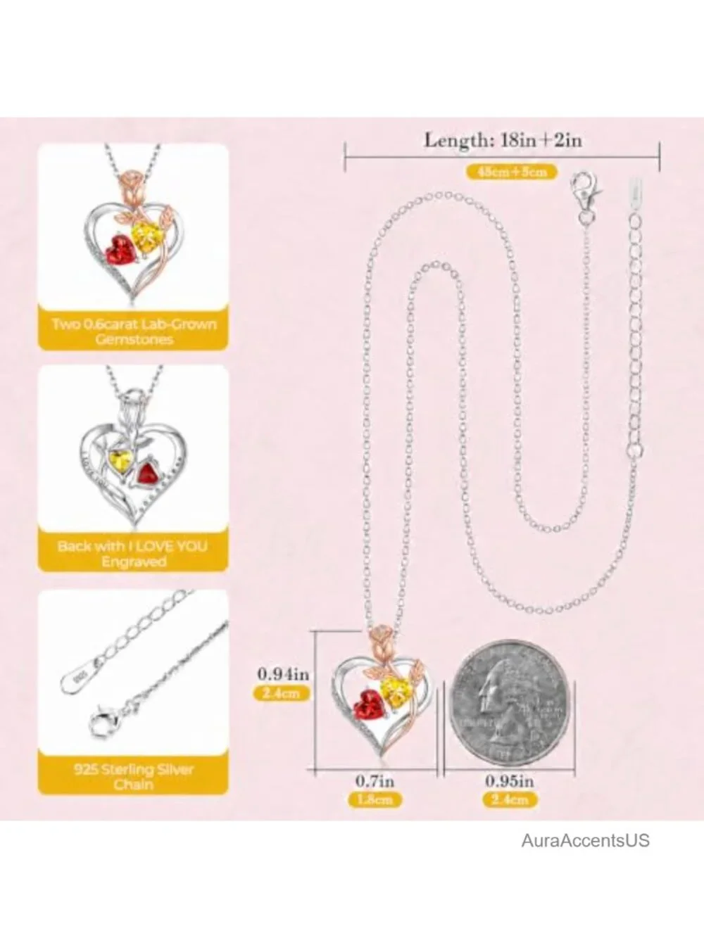 Sterling Silver Heart Birthstone Pendant Necklace, 18K White Gold Plated
